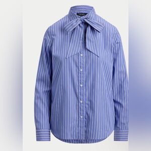 LAUREN RALPH LAUREN Blue Striped Tie-Neck Button Down Shirt 10